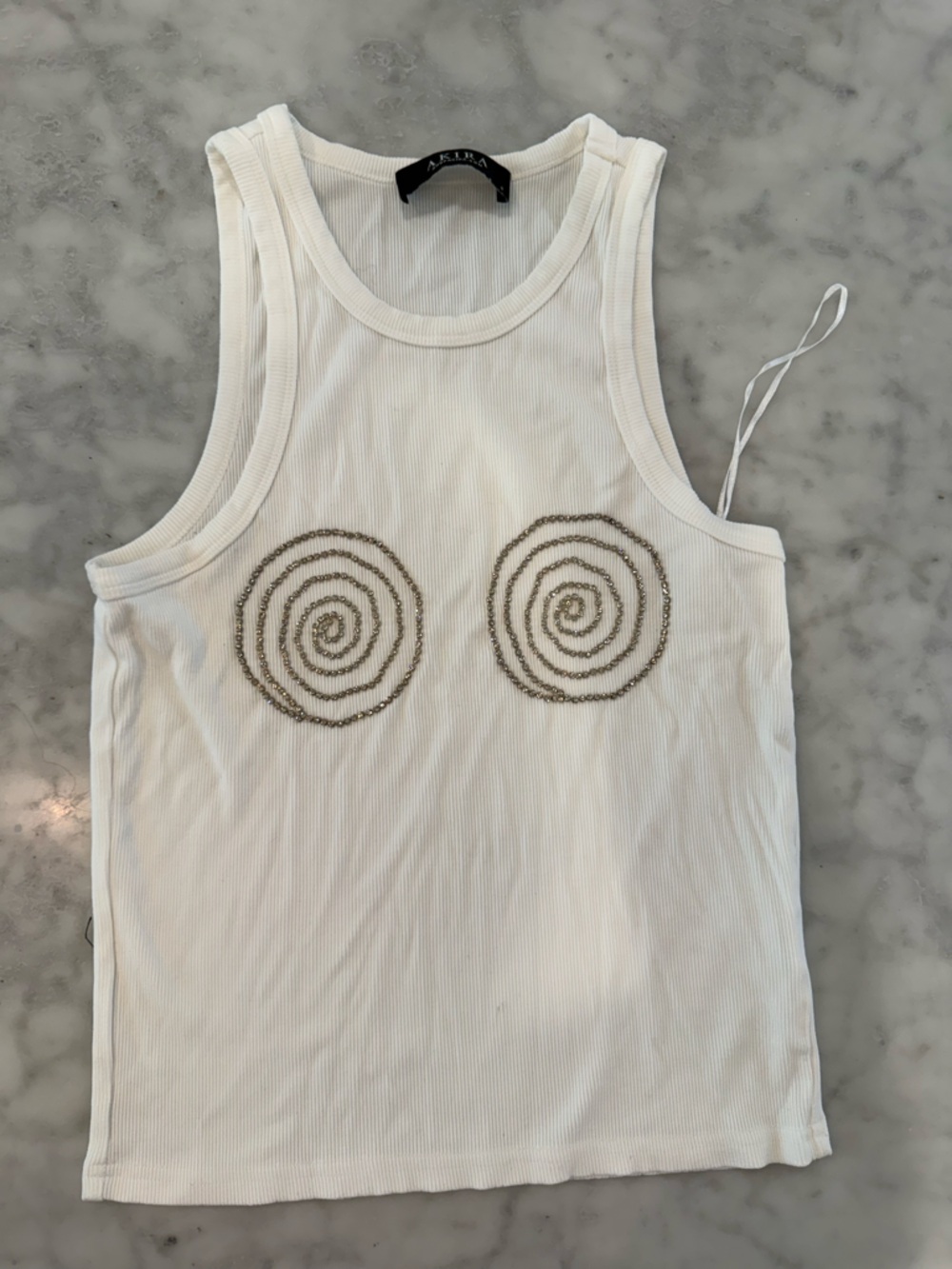 AKIRA White Ribbed Tank with Spiral Beaded Appliqué